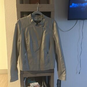 black rivet gray leather mid collar faux leather jacket